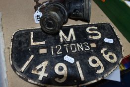 A LMS WAGON PLATE AND A BICYCLE LAMP, comprising a London, Midland and Scottish Railway cast iron