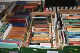 SIX BOXES OF BOOKS, approximately one hundred and fifty titles in hardback and paperback formats,