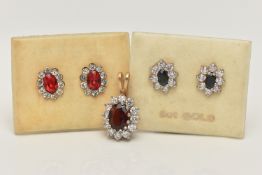 TWO PAIRS OF EARRINGS AND A PENDANT, the 9ct gold cluster pendant with central oval red gem assessed
