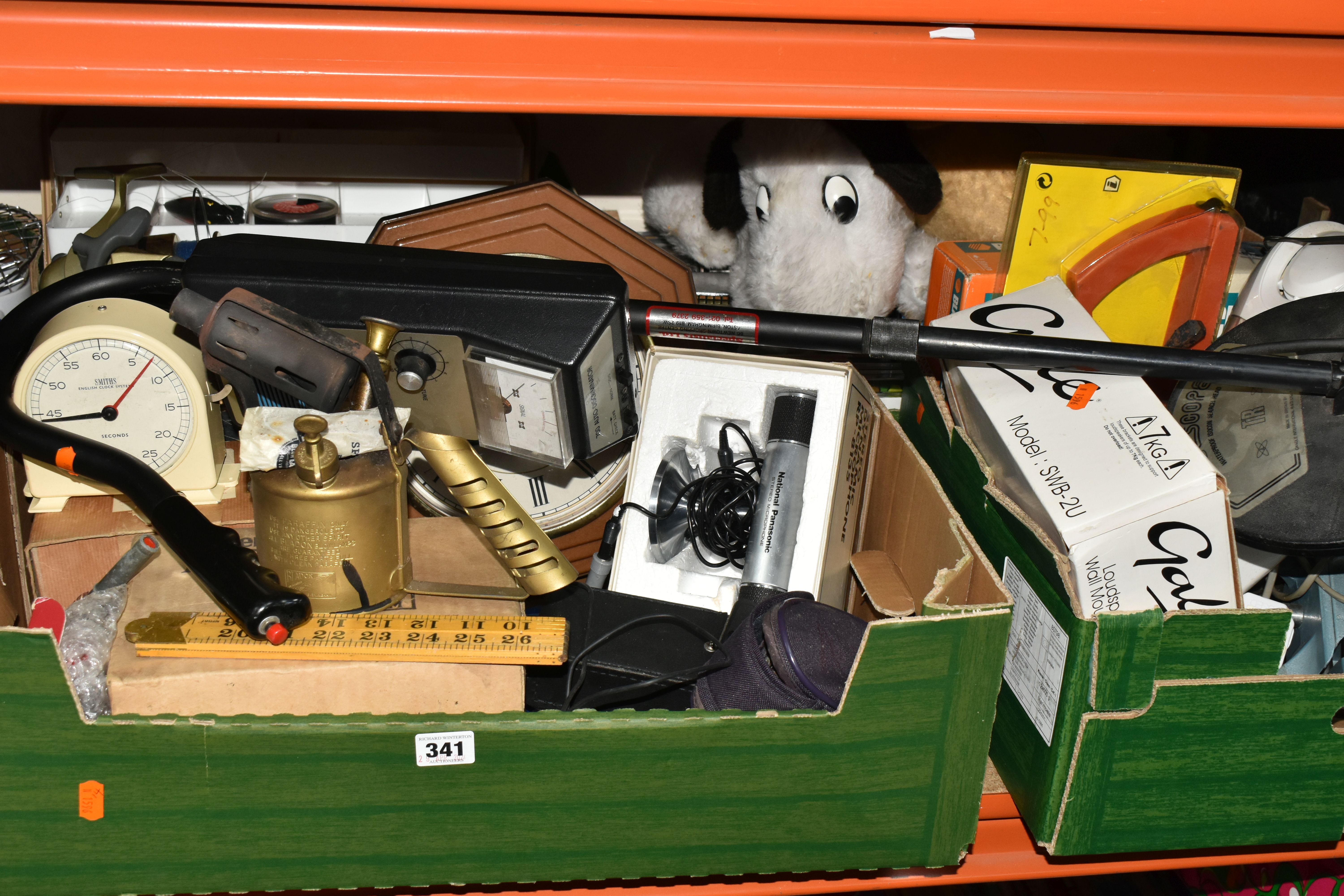 THREE BOXES AND LOOSE MISCELLANEOUS SUNDRIES, to include a boxed Bladon blow lamp, a boxed Smiths '
