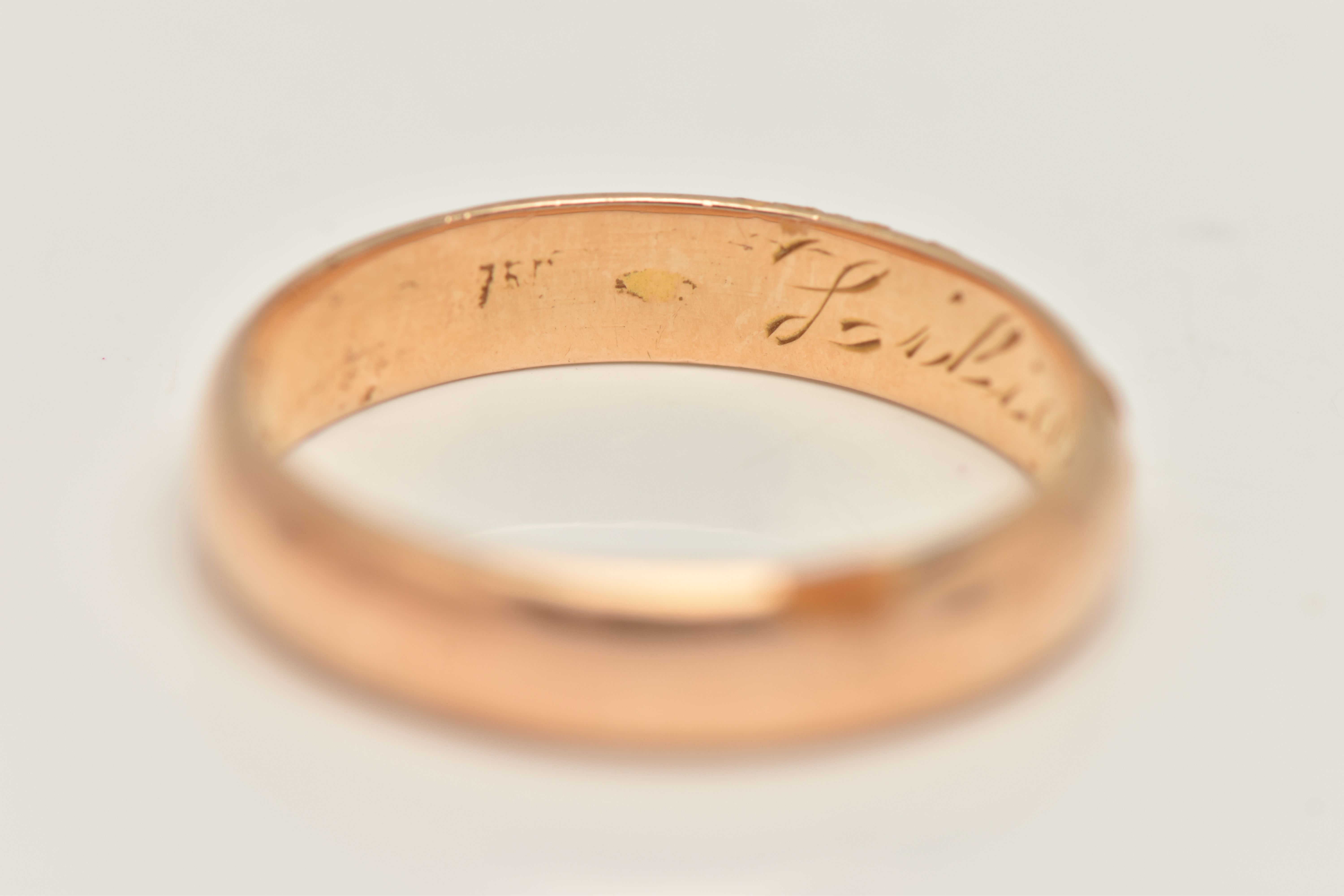 A BAND RING, of plain D-shape design, with personal engraving to the inner band, stamp rubbed, - Image 3 of 3