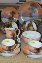 A MID-CENTURY JAPANESE NORITAKE TEA SET, decorated with a dusk lakeland scene, comprising a cake