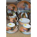 A MID-CENTURY JAPANESE NORITAKE TEA SET, decorated with a dusk lakeland scene, comprising a cake