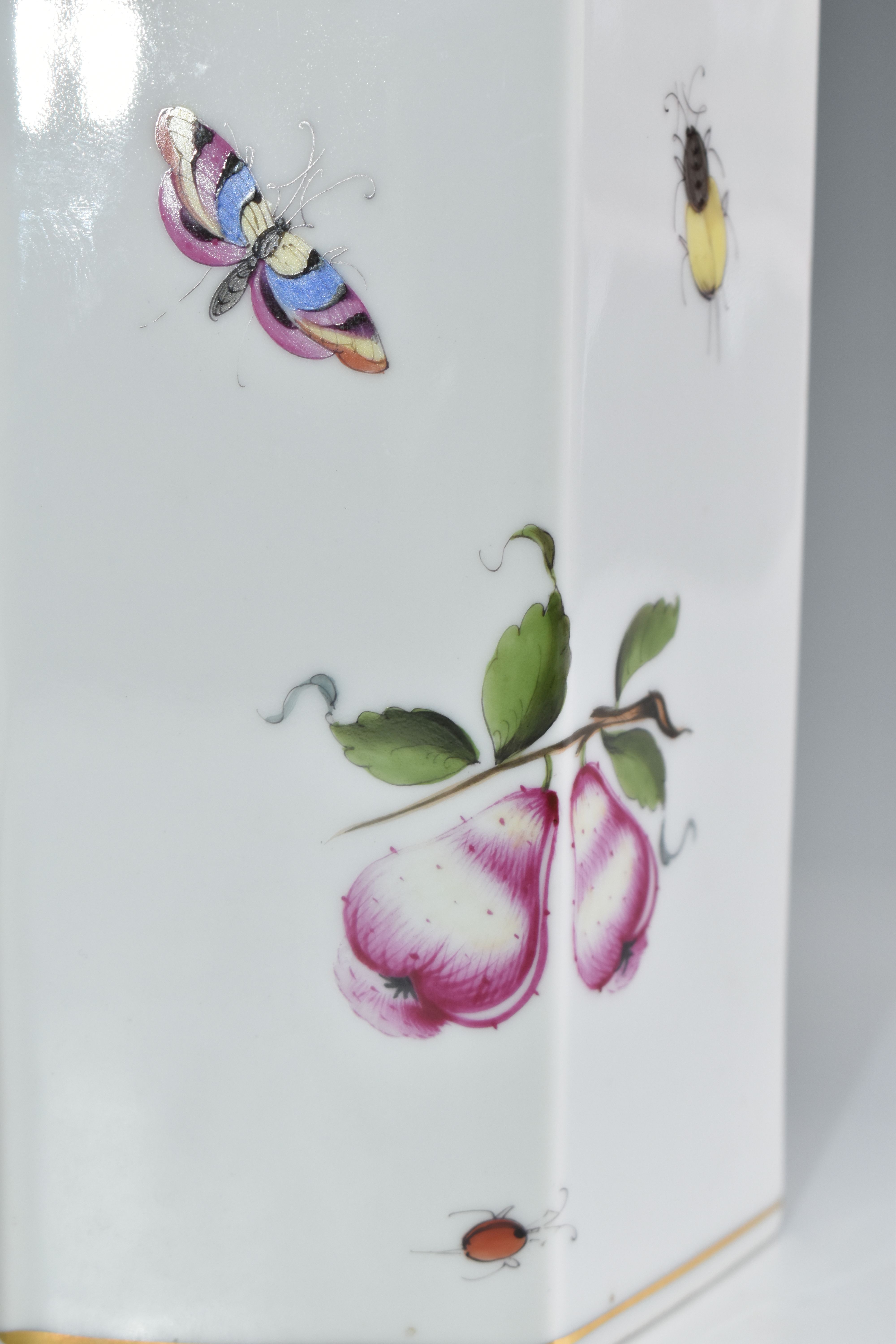 A HEREND TABLE LAMP BASE, of hexagonal form, painted with flowers, fruit and insects, the vendor - Image 5 of 7
