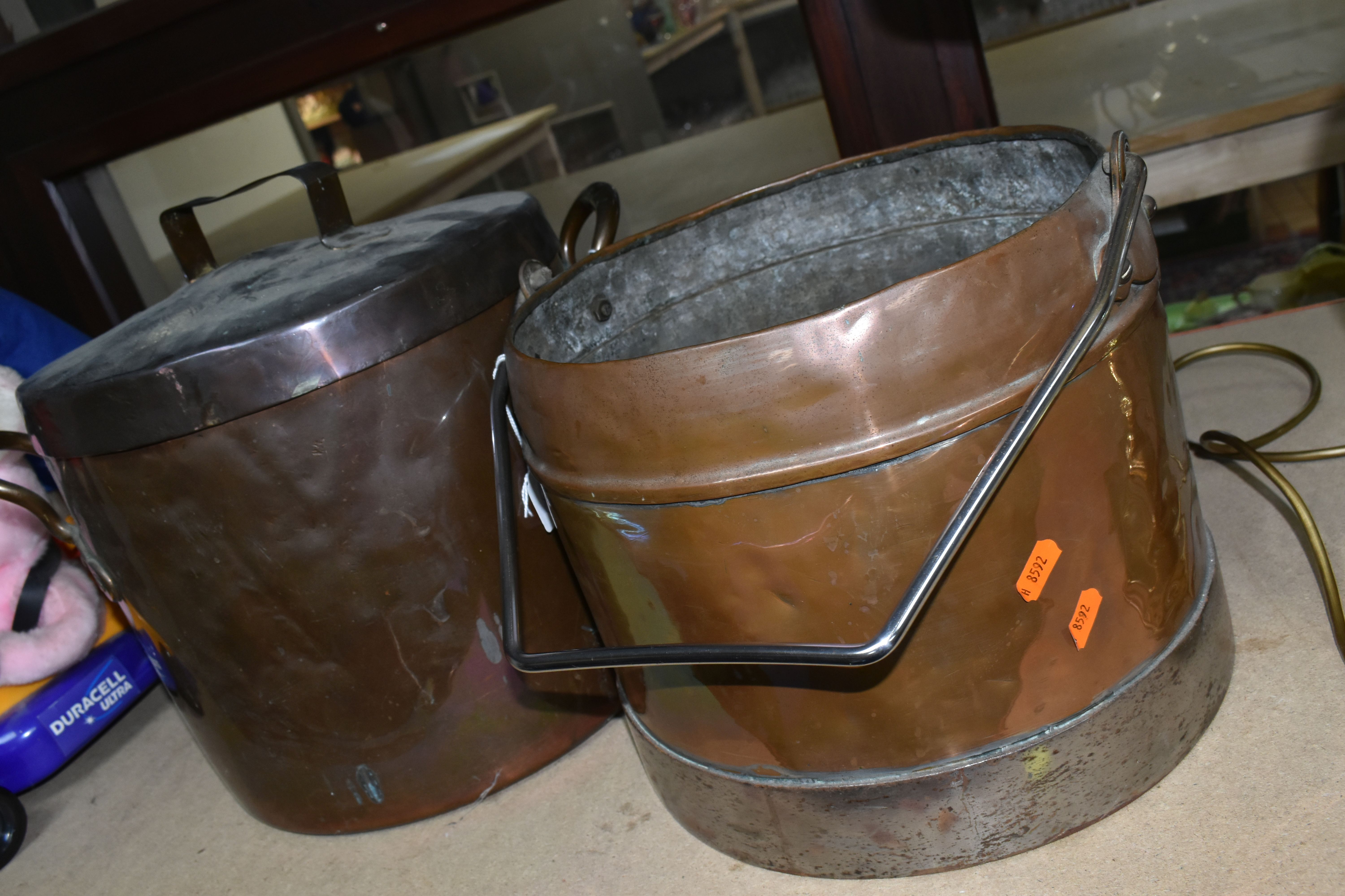TWO COPPER COOKING POTS, one with cover and twin handles marked 'S', height excluding cover 27cm x - Image 2 of 3