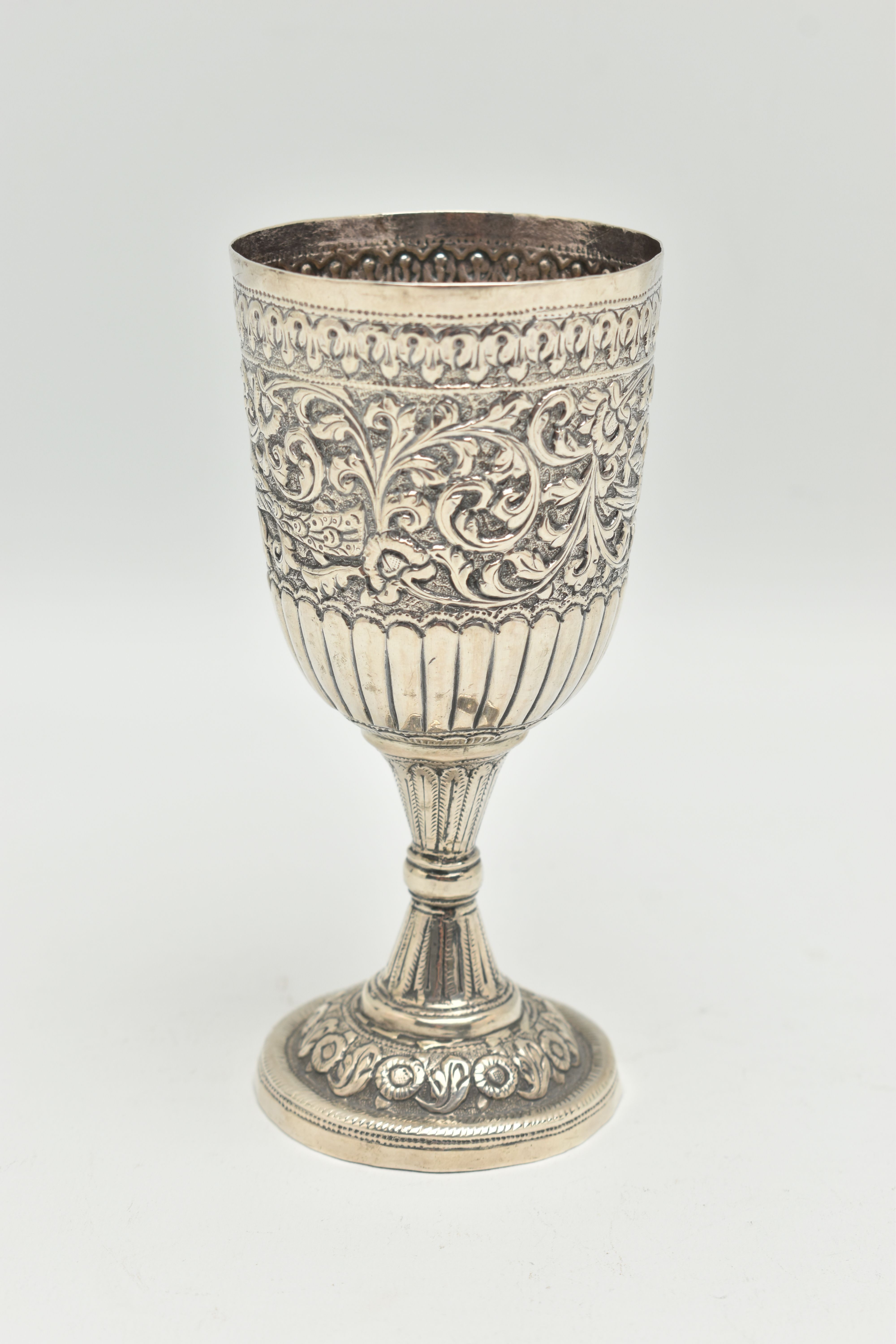 A LATE 19TH CENTURY INDIAN WHITE METAL GOBLET, repoussé decorated with foliate scrolls and birds, - Image 2 of 6