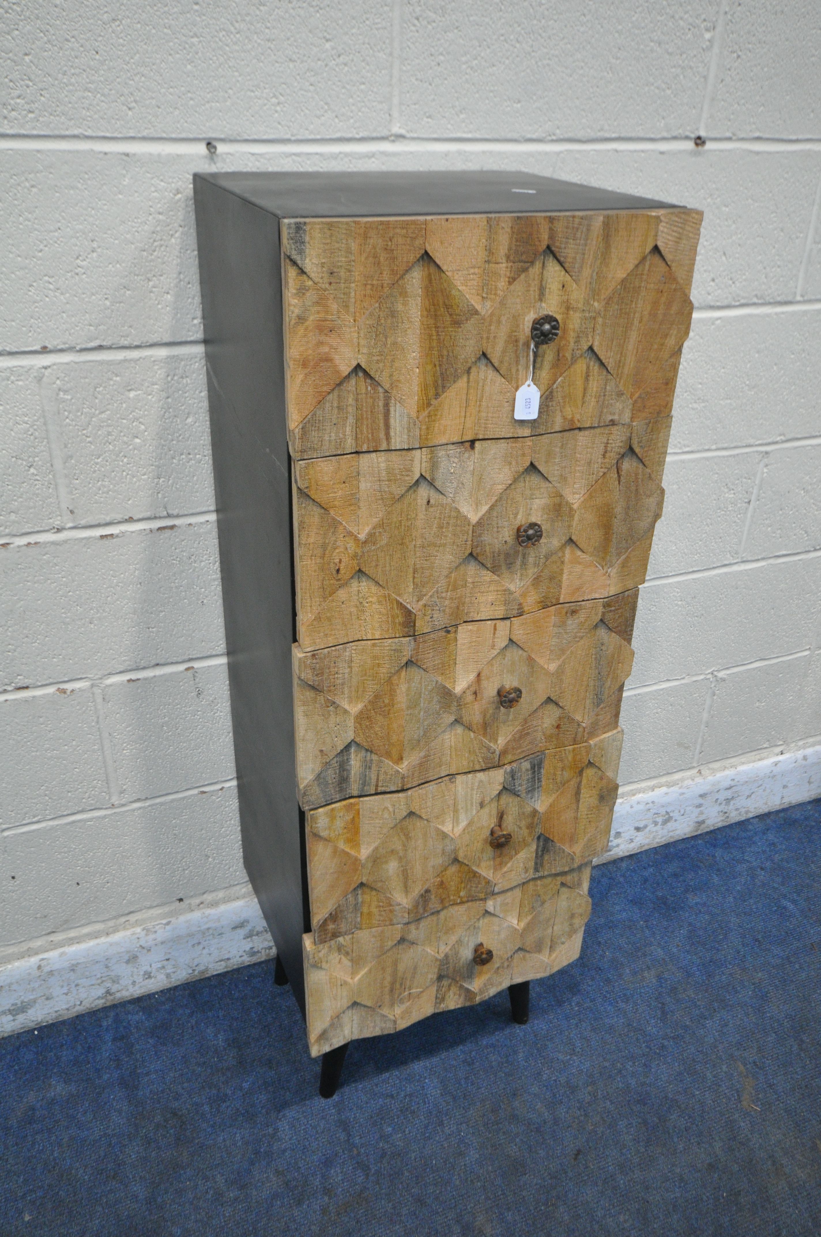 A MODERN INDUSTRIAL CHEST OF FIVE DRAWERS, the drawer fronts of wooden geometric design, width
