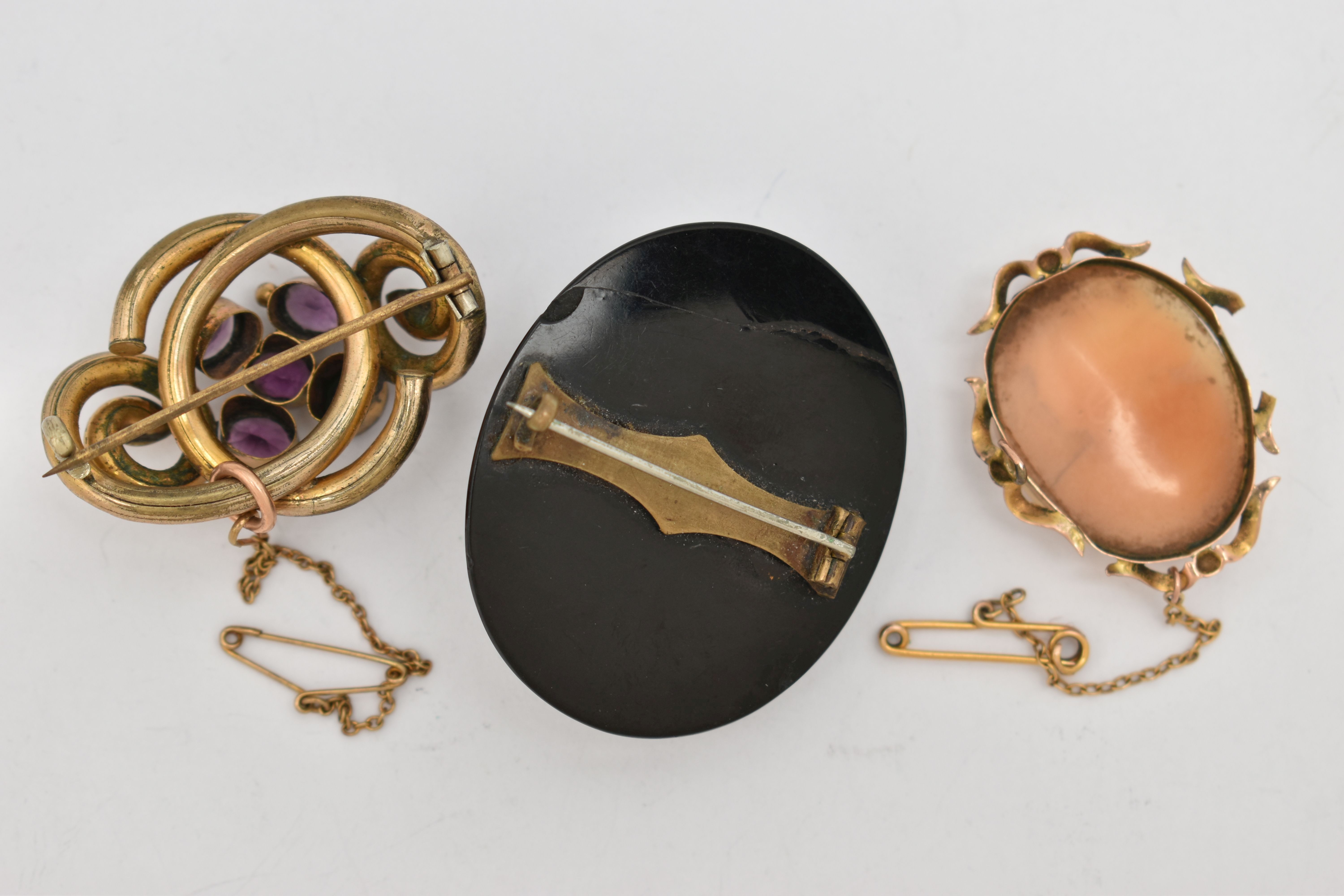 THREE BROOCHES, the first an AF shell cameo brooch collet set in yellow metal with scrolling detail, - Image 4 of 4