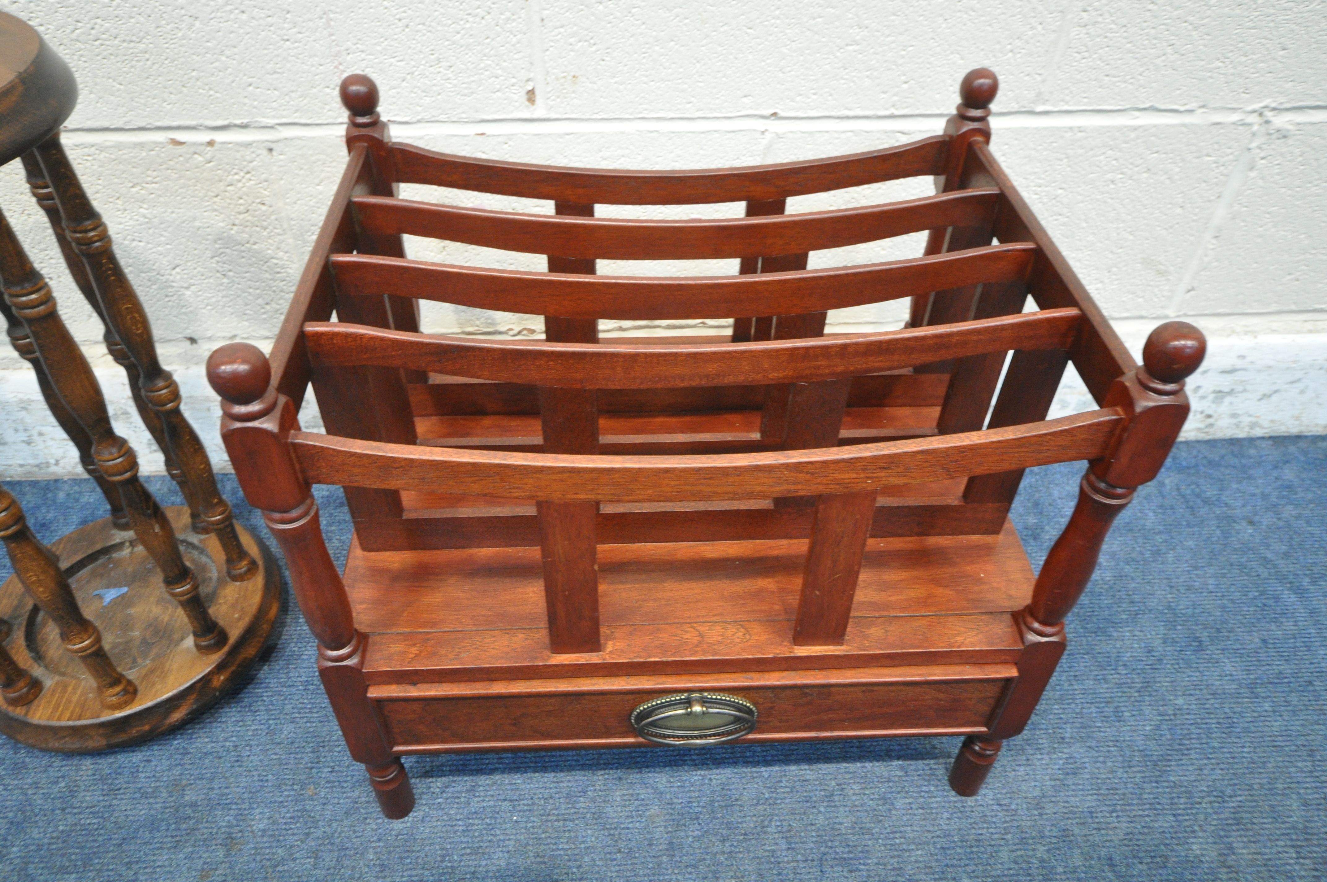 A REPRODUCTION MAHOGANY MAGAZINE RACK, with a single drawer, along with a stick stand (condition - Image 2 of 3