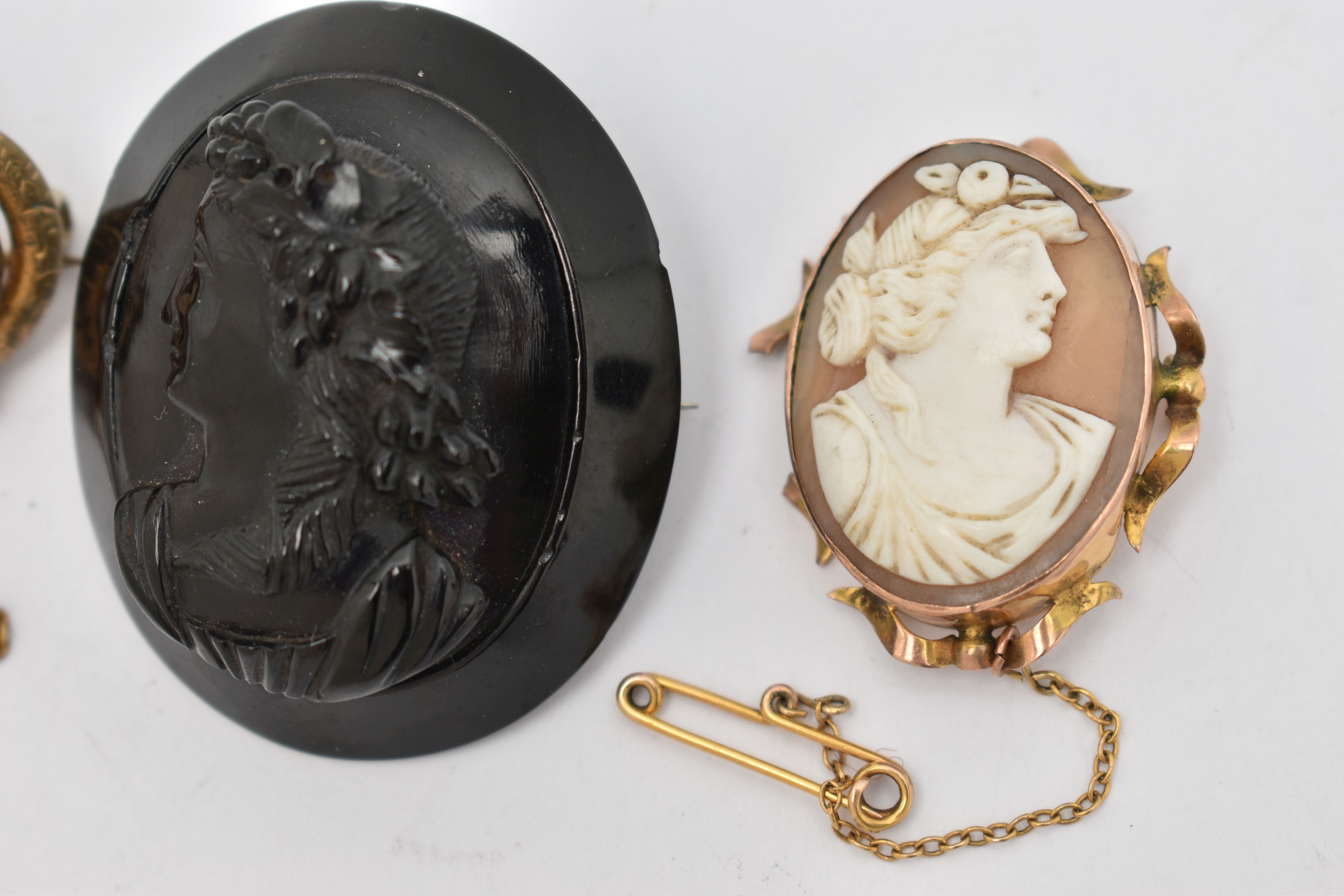 THREE BROOCHES, the first an AF shell cameo brooch collet set in yellow metal with scrolling detail, - Image 3 of 4