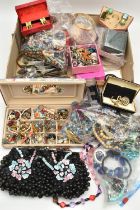 A BOX OF ASSORTED JEWELLERY AND OTHER ITEMS, to include a large selection of beaded necklaces,