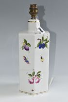 A HEREND TABLE LAMP BASE, of hexagonal form, painted with flowers, fruit and insects, the vendor