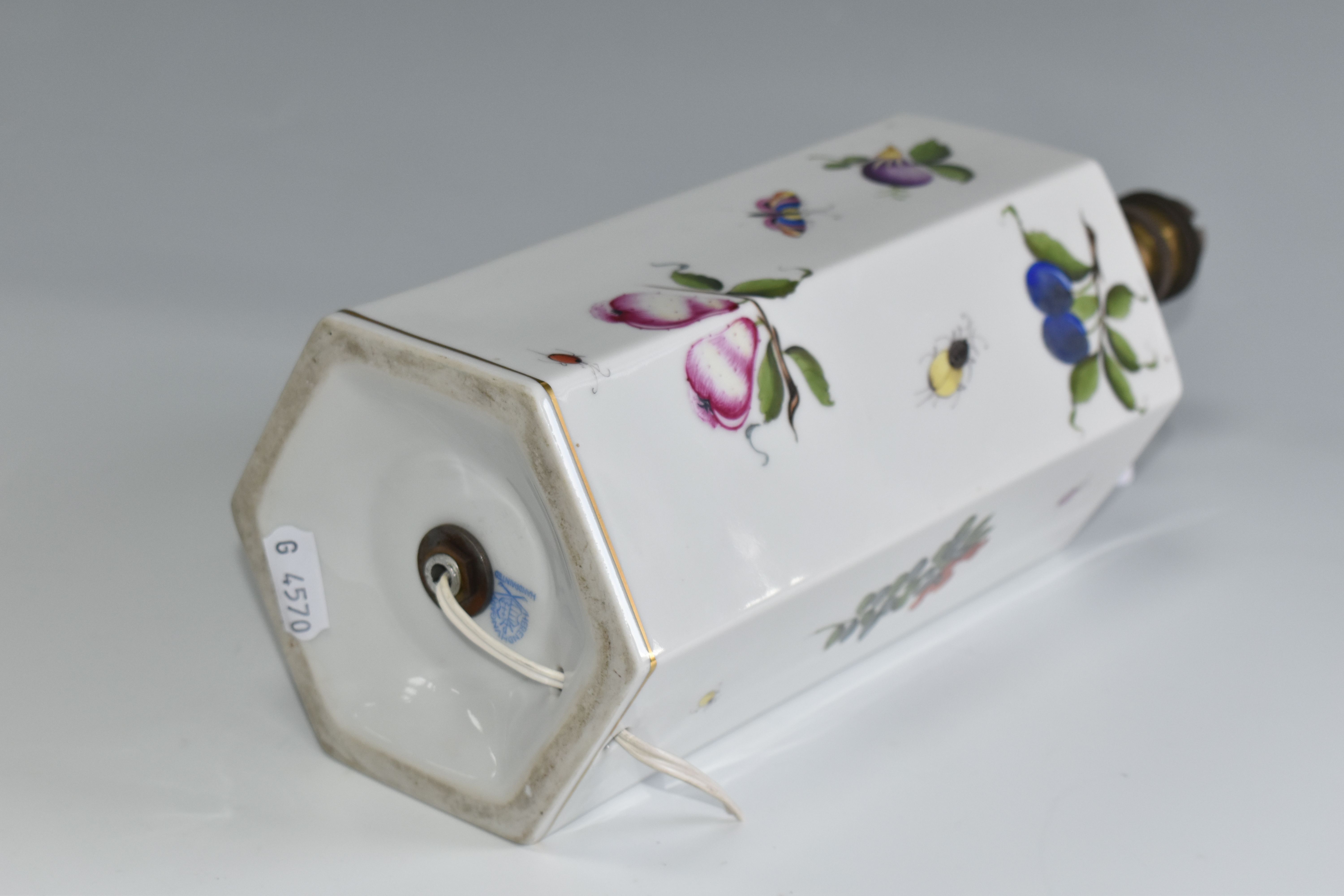 A HEREND TABLE LAMP BASE, of hexagonal form, painted with flowers, fruit and insects, the vendor - Image 6 of 7