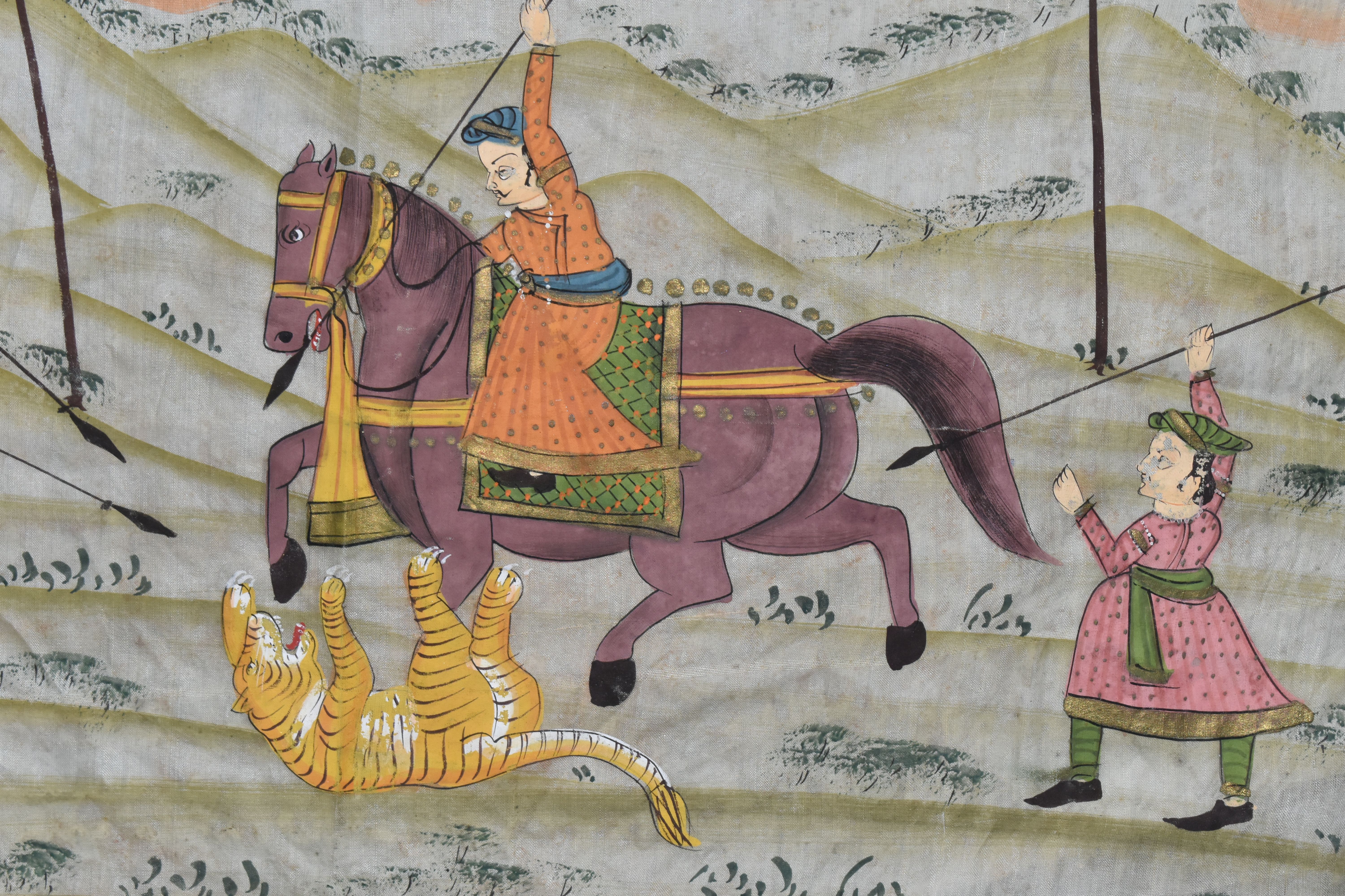 TWO 20TH CENTURY INDIAN / PERSIAN PAINTINGS ON SILK, the first depicting a hunting scene with a - Image 4 of 7