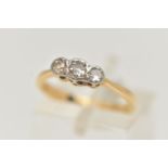 A DIAMOND THREE STONE RING, set with graduating transition cut diamonds, measuring from