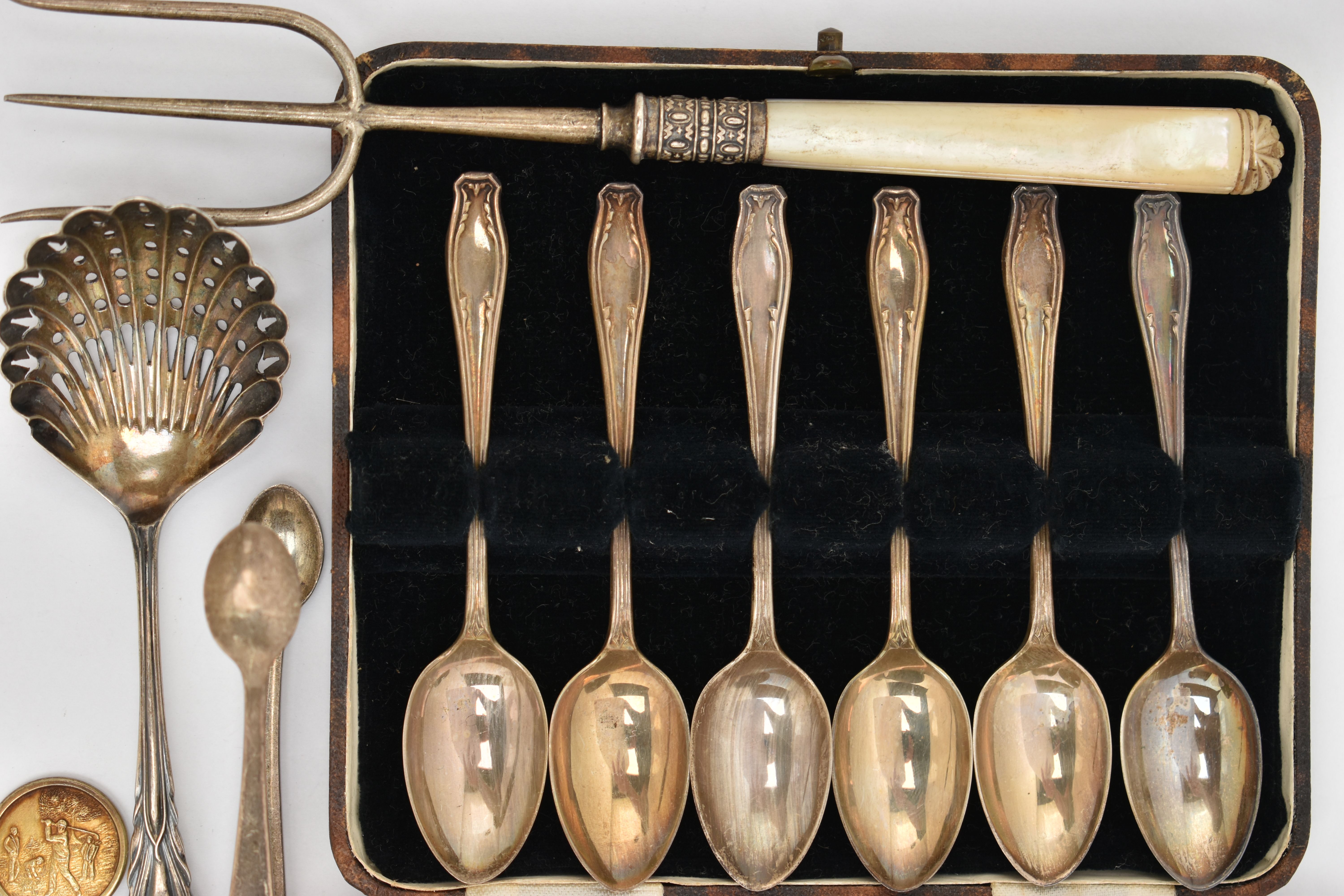 ASSORTED SILVER CUTLERY, to include a cased set of six silver teaspoons, hallmarked 'James - Image 2 of 5