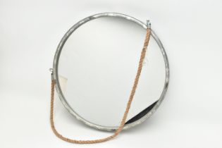 A MODERN CIRCULAR WALL MIRROR WITH GALVANISED METAL EFFECT FRAME AND ON A COARSE ROPE HANGER,
