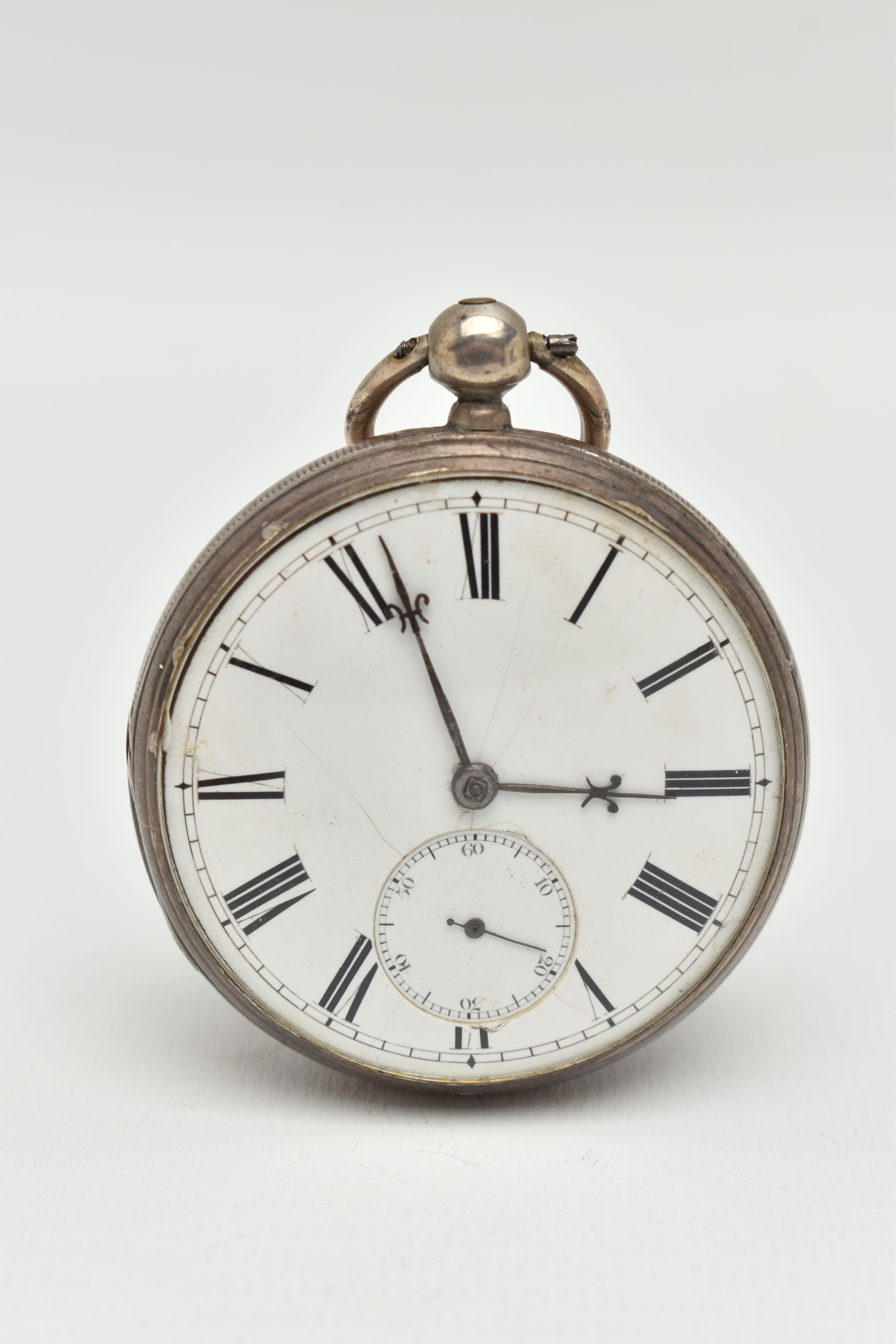 A SILVER MID VICTORIAN OPEN FACE POCKET WATCH, key wound movement, round dial, Roman numerals,