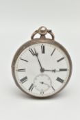 A SILVER MID VICTORIAN OPEN FACE POCKET WATCH, key wound movement, round dial, Roman numerals,