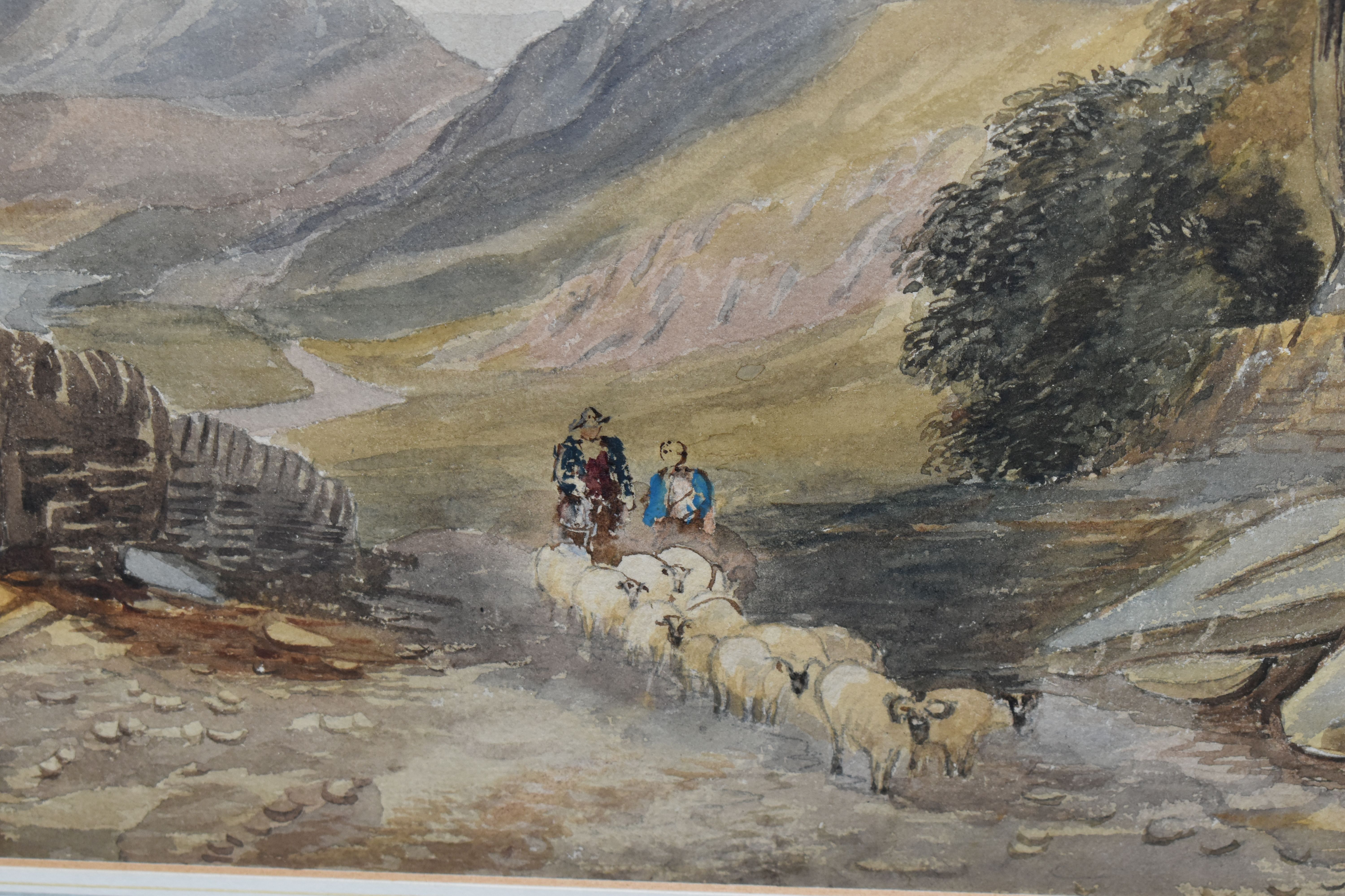 A 19TH CENTURY ENGLISH SCHOOL PASTORAL LANDSCAPE, two figures are driving a flock of sheep on a - Image 3 of 7