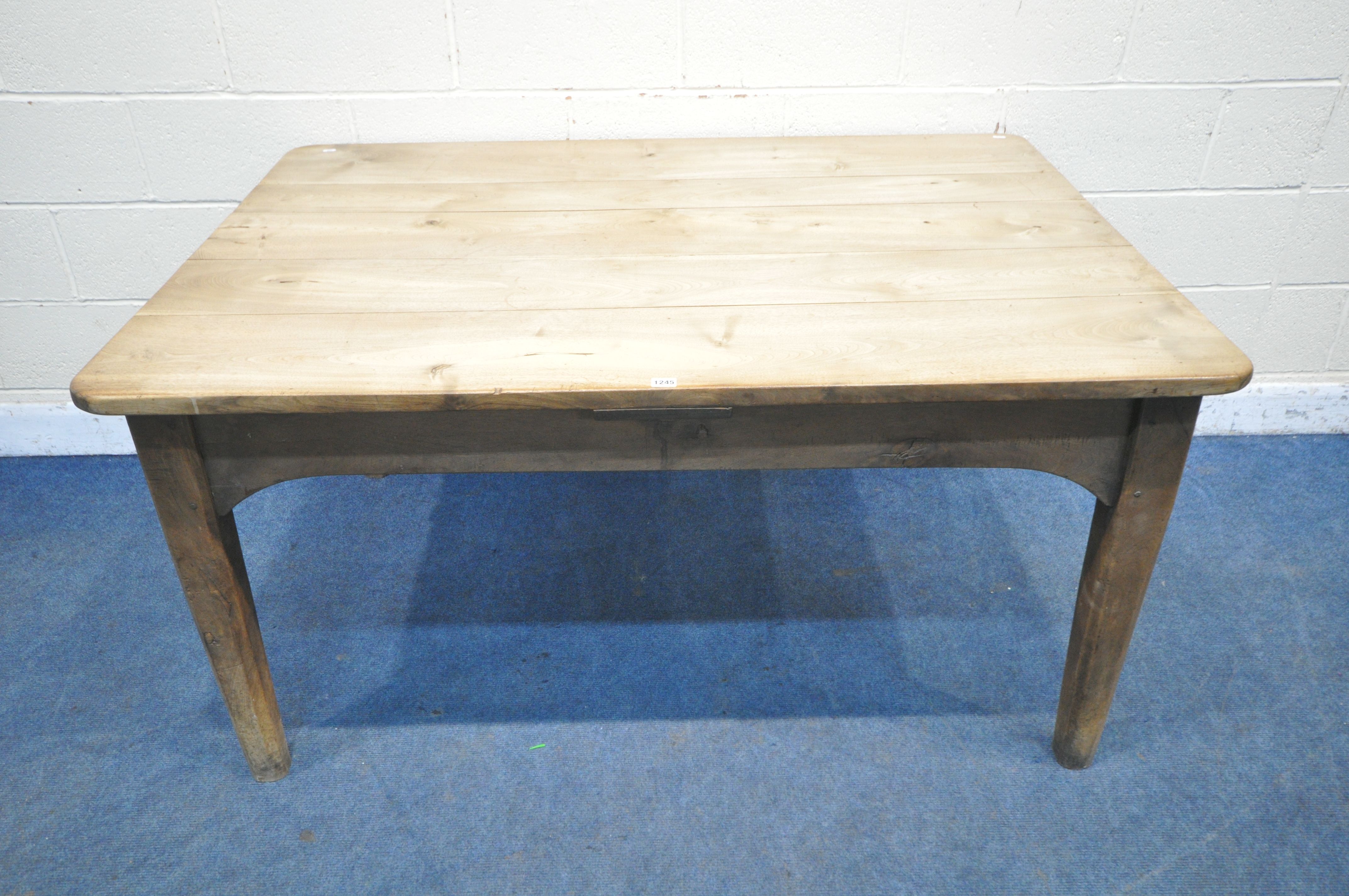 A 19TH CENTURY SYCAMORE RECTANGULAR PLANK TOP FARMHOUSE TABLE, with frieze drawer to each end,