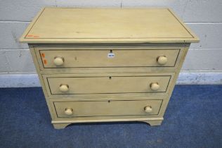 A 20TH CENTURY PAINTED PINE CHEST OF THREE DRAWERS, raised on bracket feet, width 85cm x depth