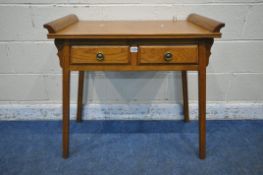 AN OAK SIDE TABLE, with twin handles, two frieze drawers, on splayed legs, width 78cm x depth 44cm x