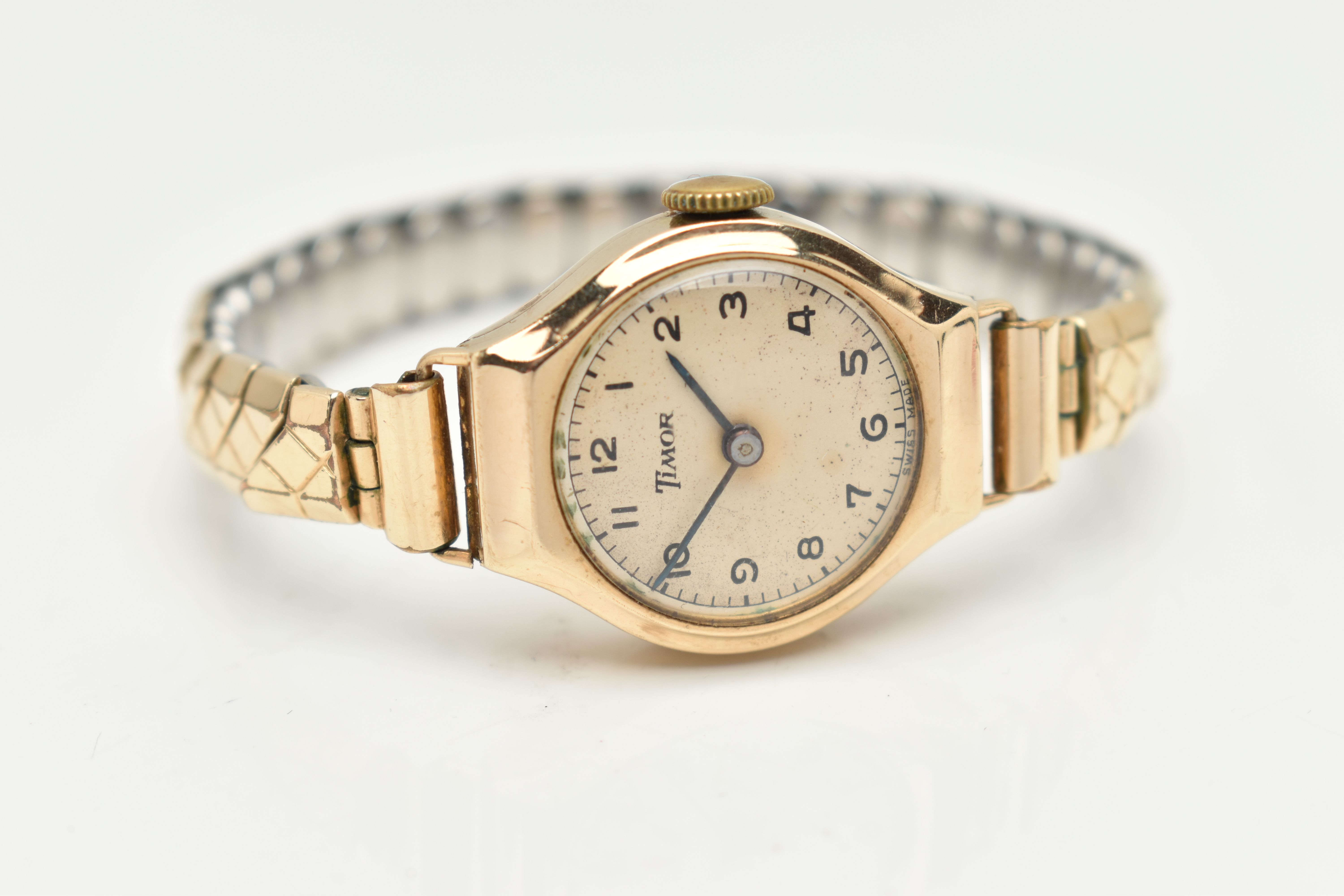 A 9CT GOLD LADIES WRISTWATCH, hand wound movement, round dial signed 'Timor', Arabic numerals, - Image 4 of 6