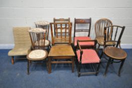 A VARIETY OF CHAIRS, to include a rest assured mini chair, a pair of Edwardian chairs, three oak