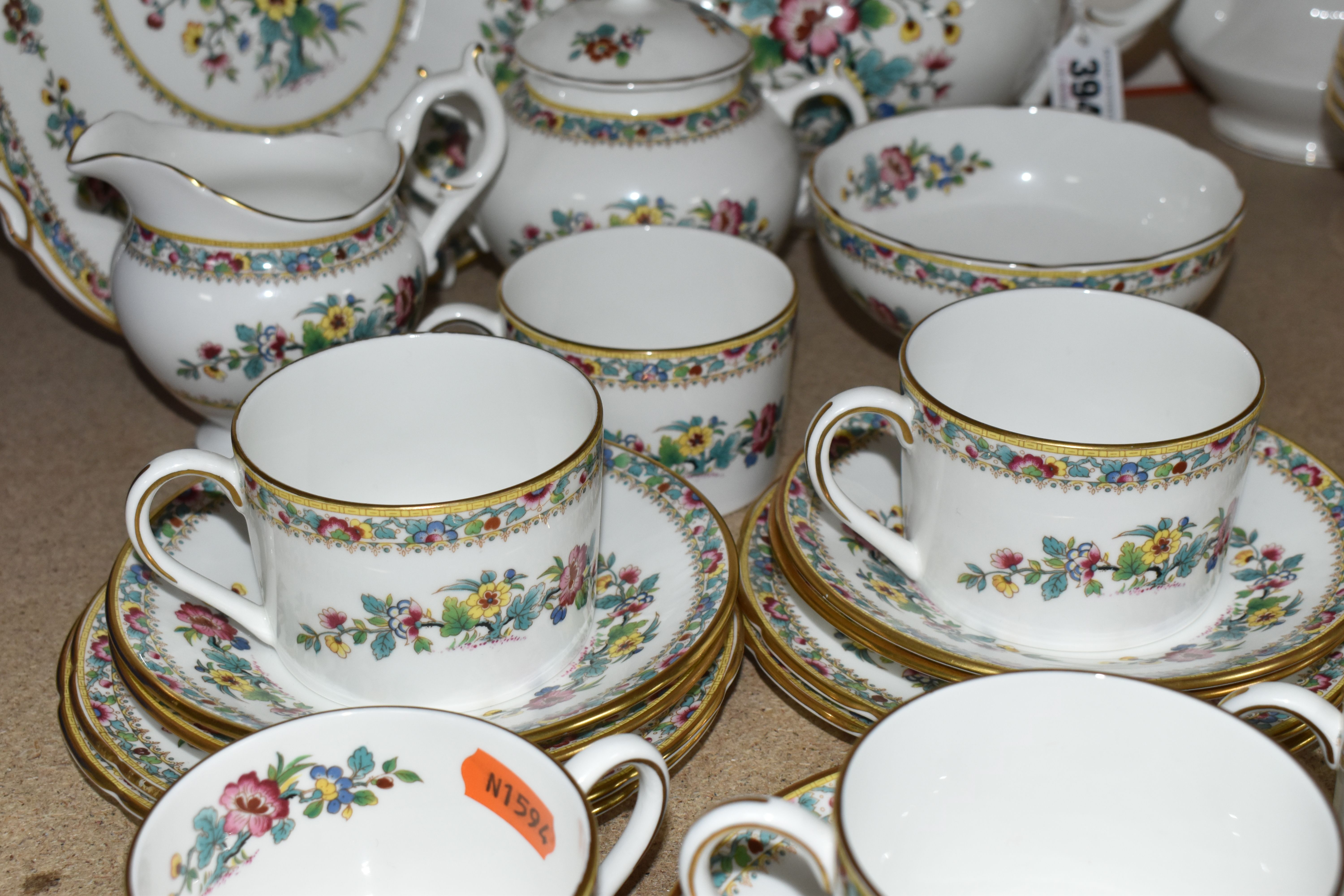 A COALPORT 'MING ROSE' PATTERN TEA SET, comprising teapot, cake plate, covered sugar bowl, footed - Image 3 of 6