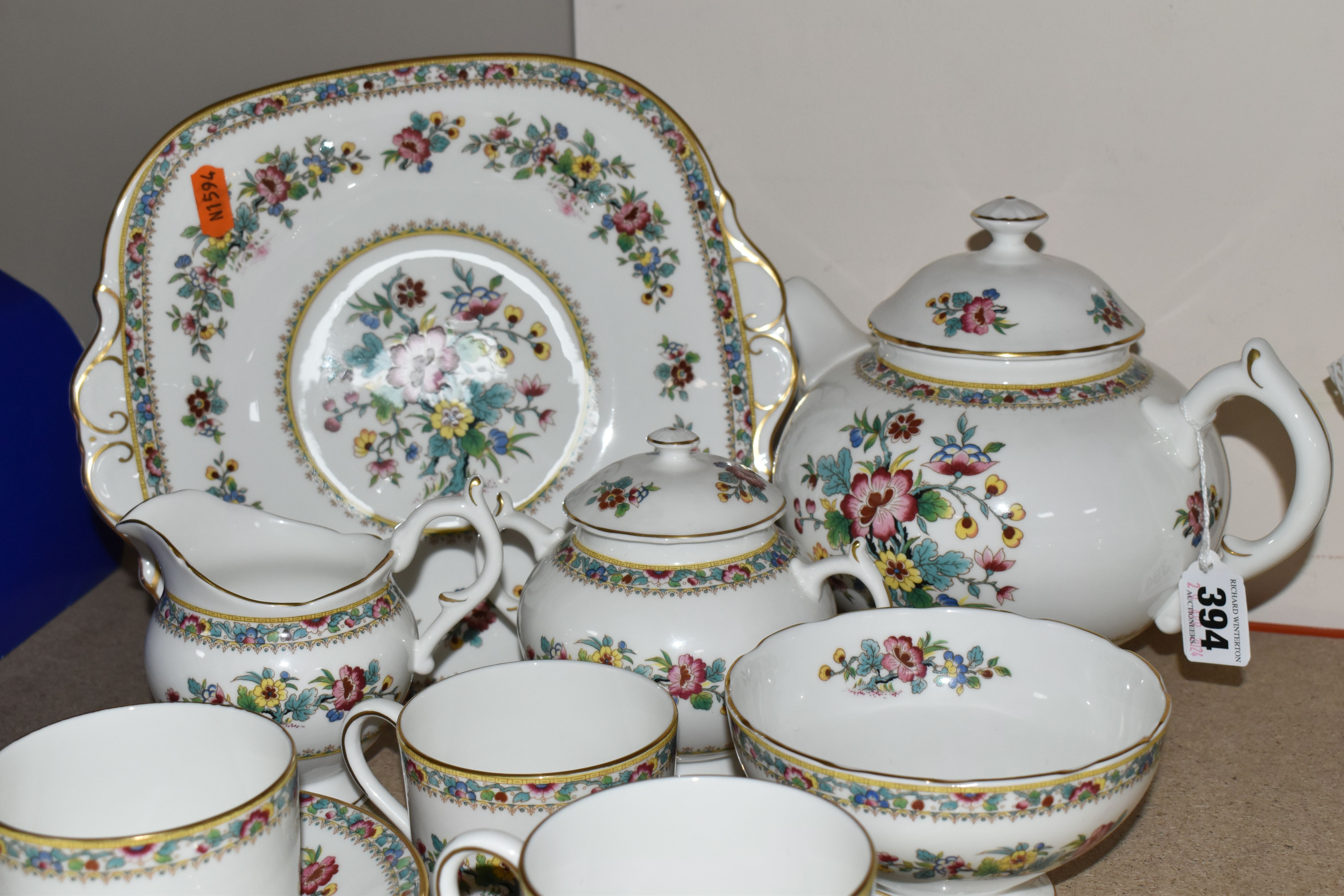 A COALPORT 'MING ROSE' PATTERN TEA SET, comprising teapot, cake plate, covered sugar bowl, footed - Image 4 of 6