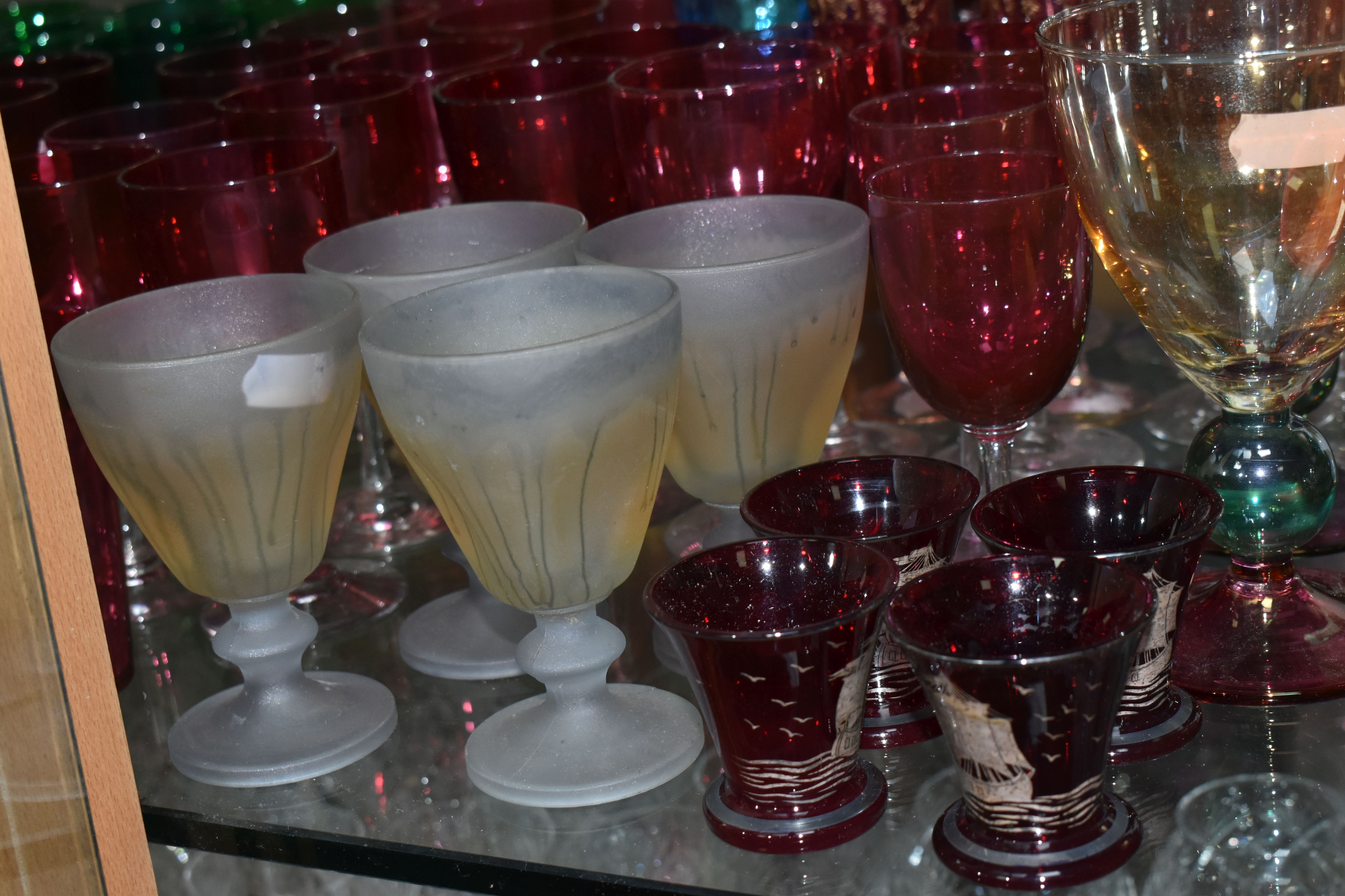 A COLLECTION OF COLOURED DRINKING GLASSES, to include a single ruby etched glass with rough pontil - Image 6 of 9