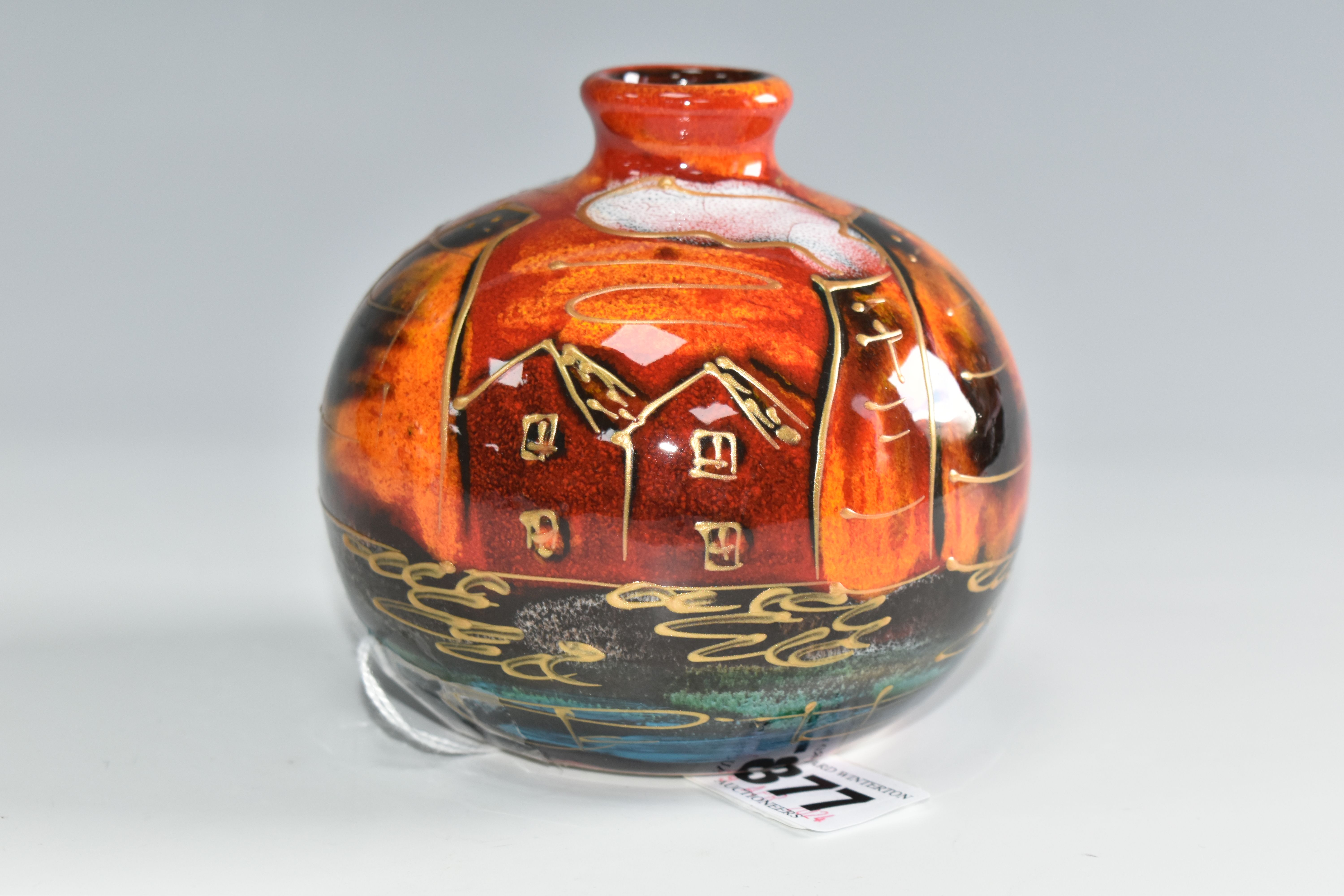 AN ANITA HARRIS ART POTTERY BULBOUS VASE, hand painted black and orange Potteries design, gilt - Image 3 of 5