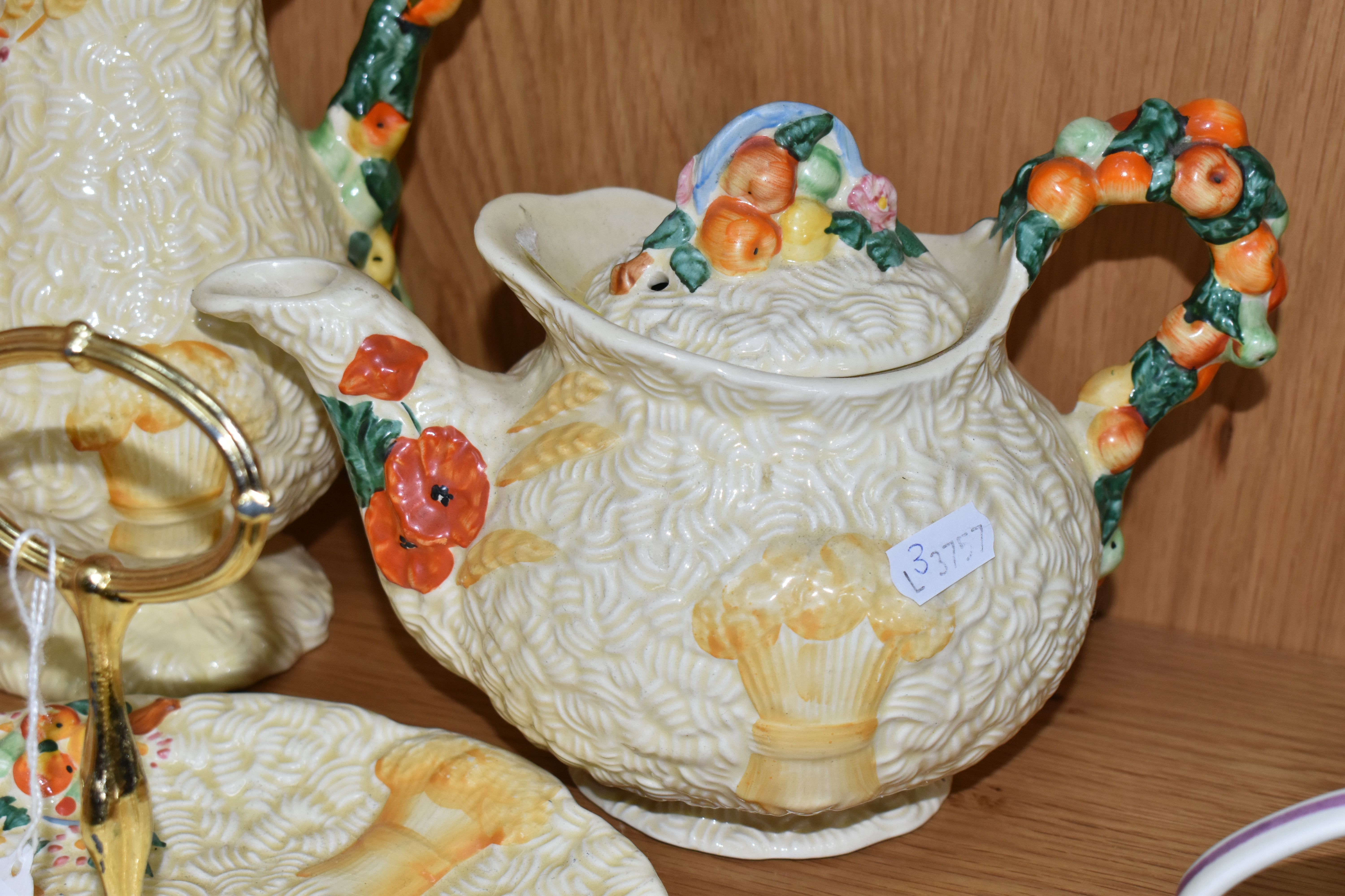 THREE PIECES OF CLARICE CLIFF 'CELTIC HARVEST' PATTERN TEA WARE, comprising a single tier cake - Image 3 of 11