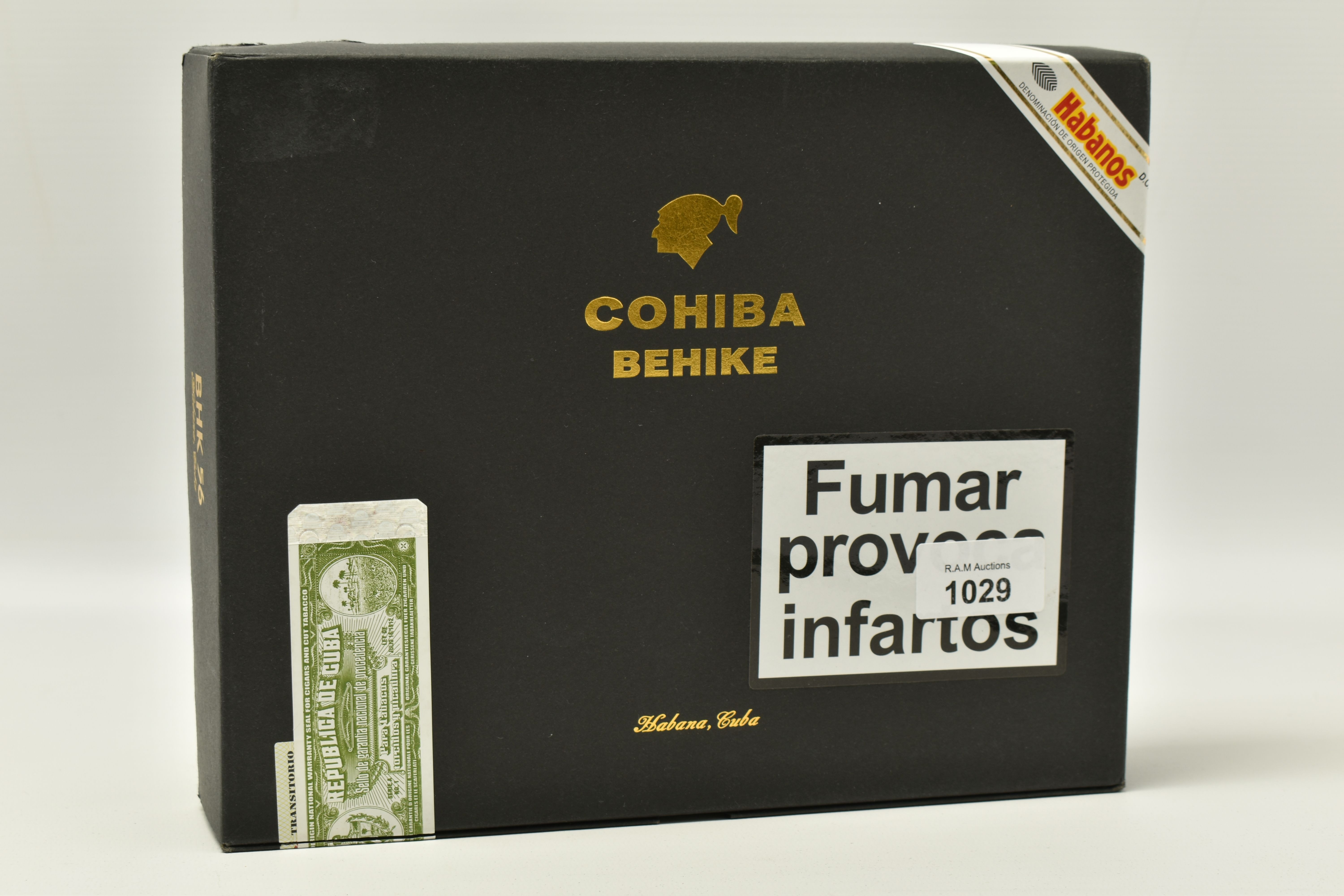 CIGARS, One Box of 10 COHIBA BEHIKE 56 Cigars, outer box seal (broken) and tear, has a barcode,