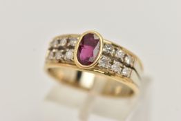 A RUBY AND DIAMOND RING, designed as an oval cut ruby in a collet setting, flanked by two rows of