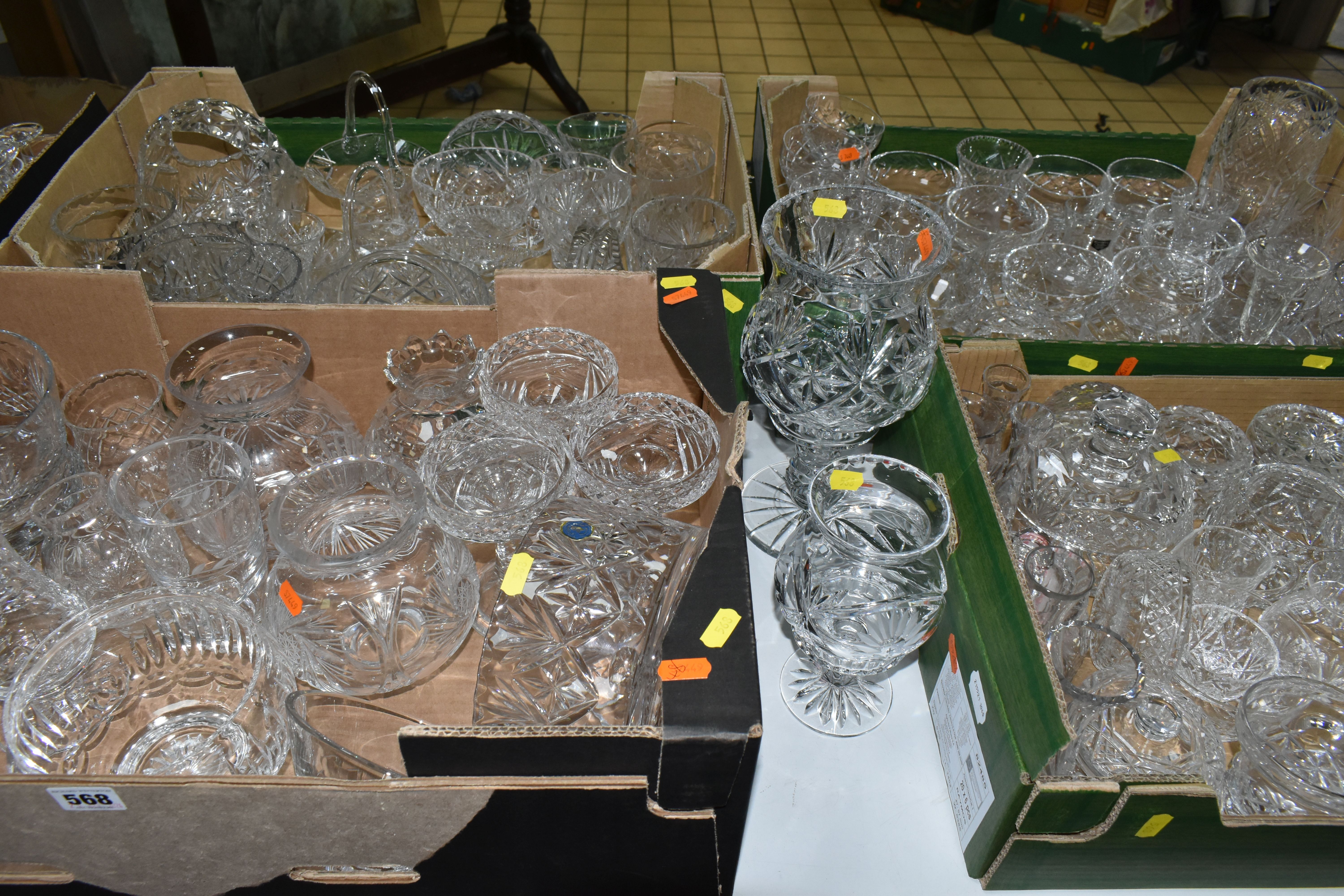 FOUR BOXES AND LOOSE CUT GLASS VASES, DISHES AND BOWLS, to include Webb Corbett dessert dishes,
