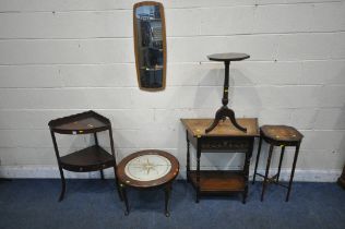 A GEORGIAN MAHOGANY CORNER WASH STAND, with a raised back, two dummy drawers, flanking a single