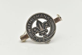 A SILVER SCOUTS BADGE, inscribed 'With Thanks', hallmarked 'Toye, Kenning & Spencer' Birmingham