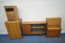 A MID CENTURY TEAK BOOKCASE, with double glass sliding doors and a single cupboard door, raised on
