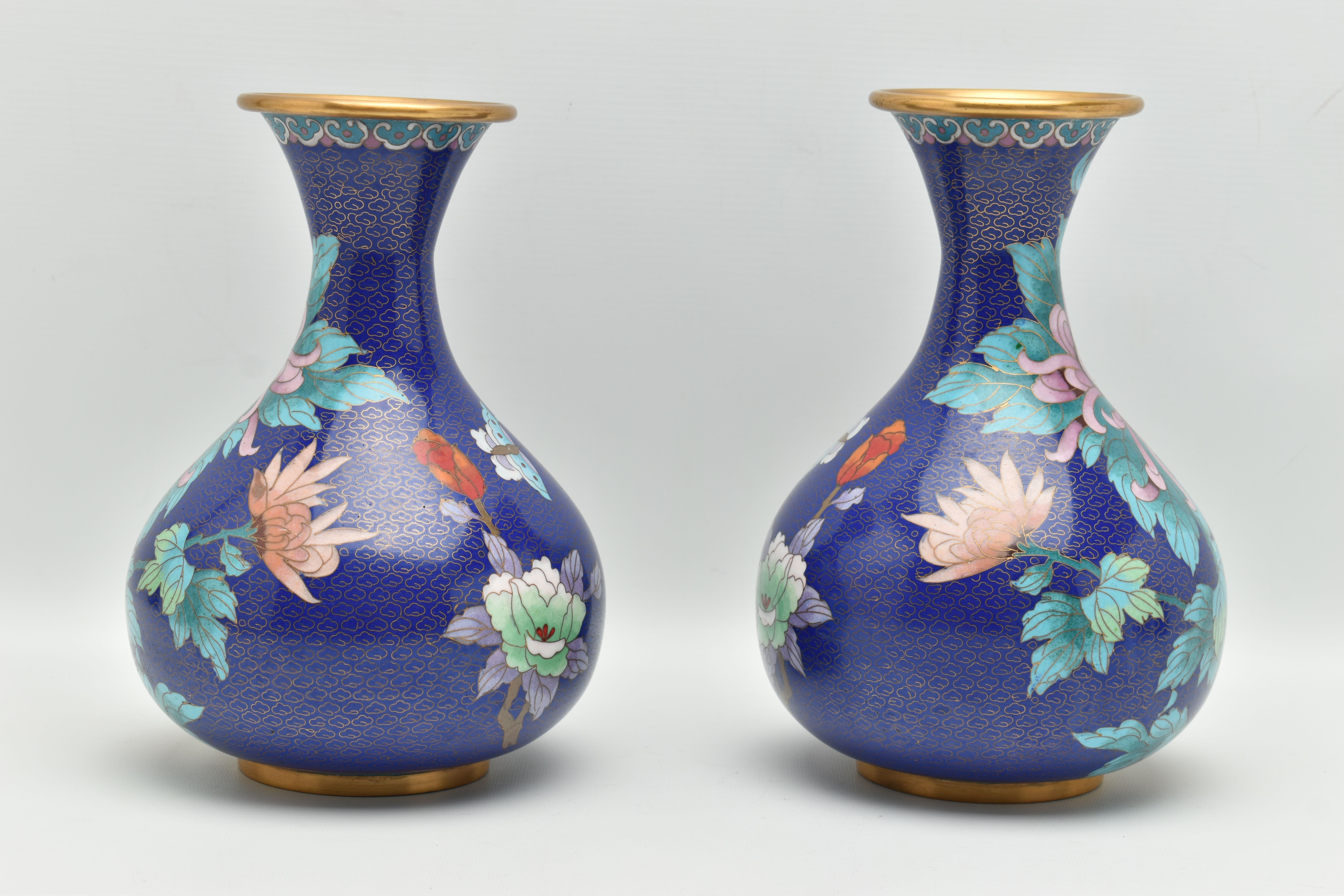 A PAIR OF MODERN CHINESE CLOISONNE VASES OF BALUSTER FORM, the blue ground with flowers, foliage and - Image 3 of 5