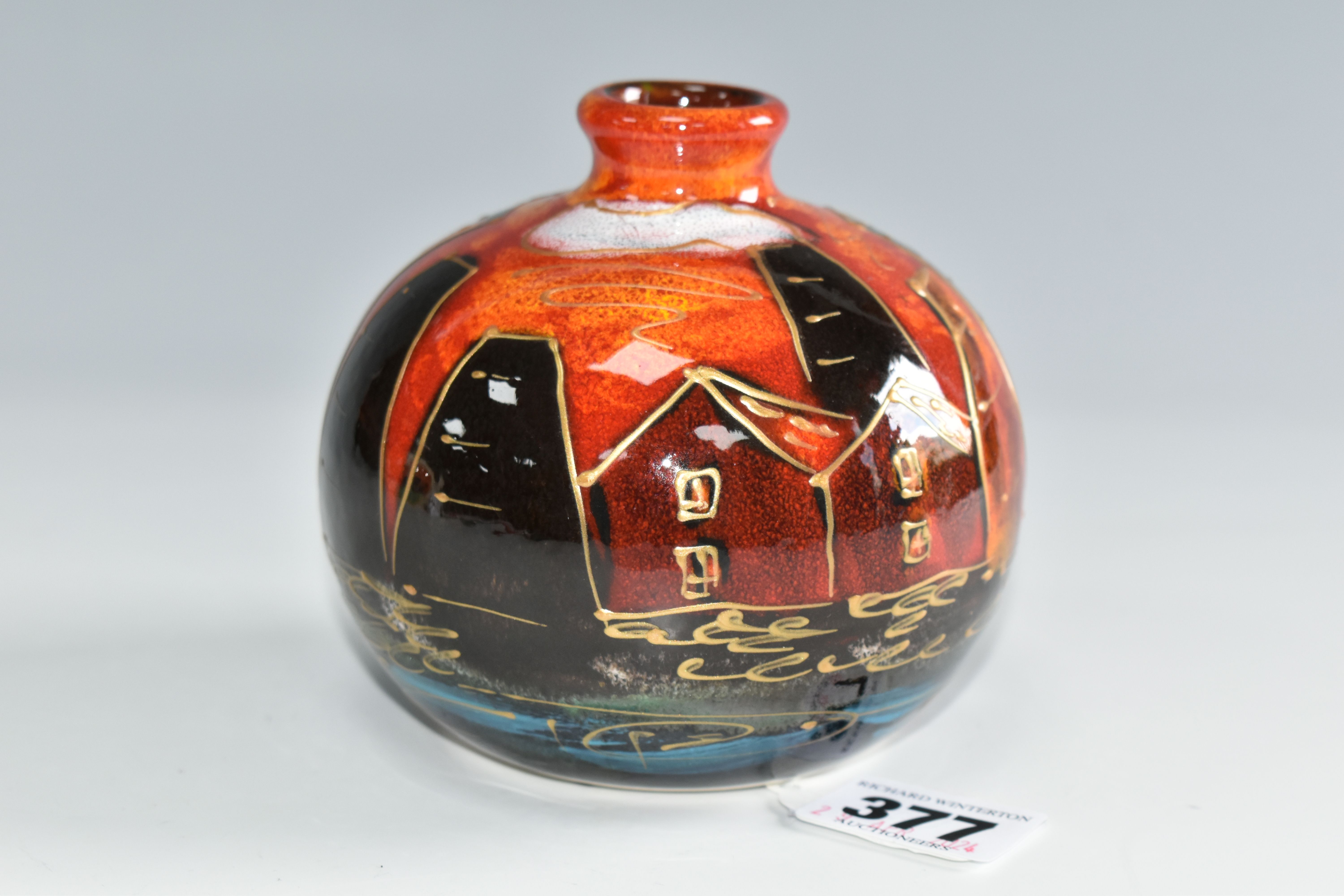 AN ANITA HARRIS ART POTTERY BULBOUS VASE, hand painted black and orange Potteries design, gilt