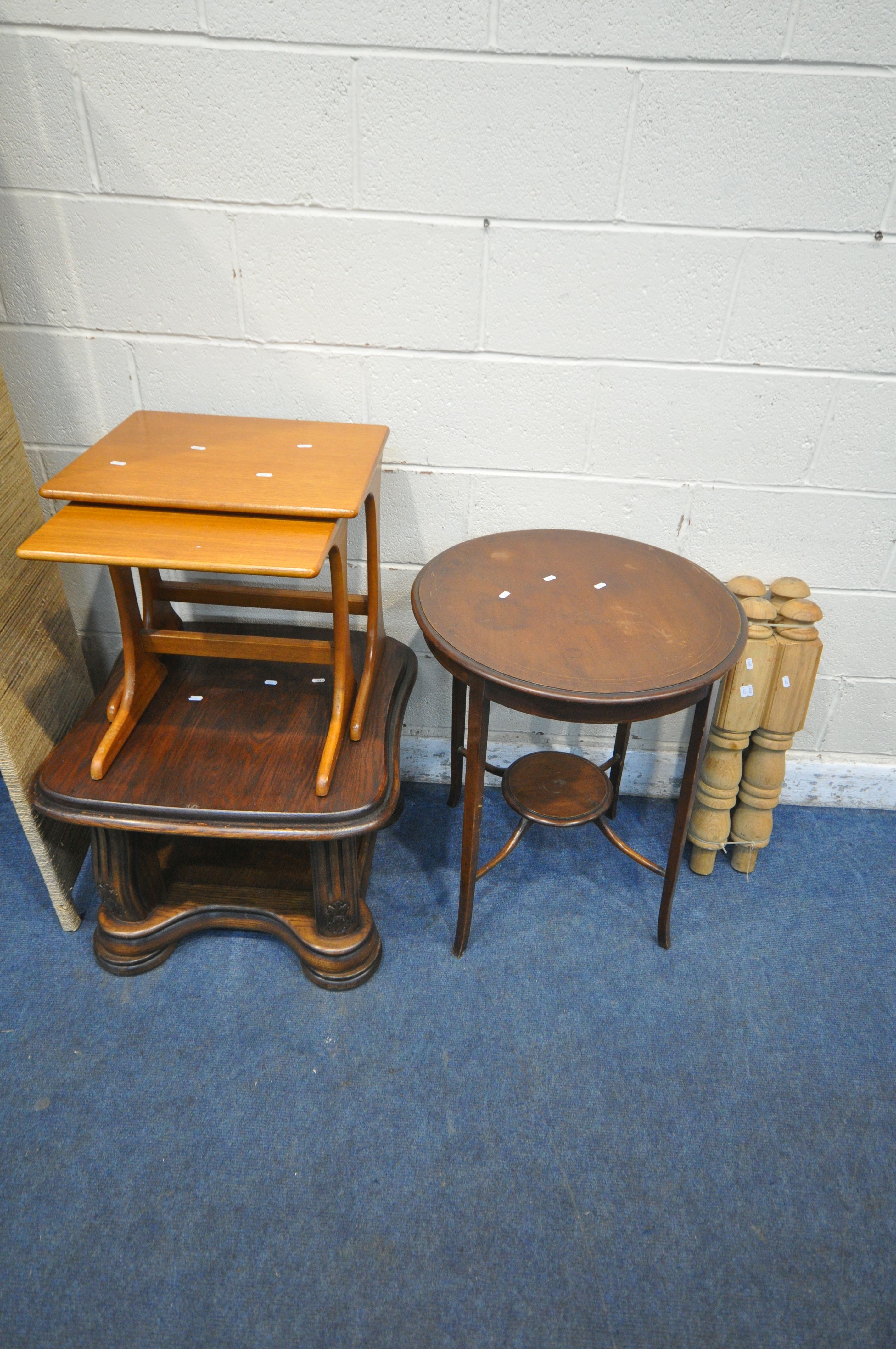 A 20TH CENTURY OAK LAMP TABLE, with shaped legs, united by an undershelf, a nest of two tables, a - Image 3 of 7