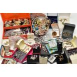 A BOX OF ASSORTED JEWELLERY AND WATCHES, to include a small selection of white metal jewellery, most