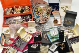 A BOX OF ASSORTED JEWELLERY AND WATCHES, to include a small selection of white metal jewellery, most