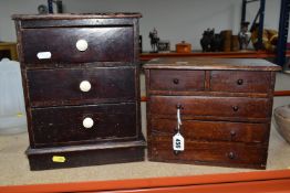 TWO MINIATURE CHEST OF DRAWERS, comprising a set of mahogany two short over three long drawers