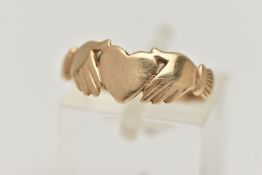 A 9CT GOLD CLADDAGH RING, hallmarked 9ct London, ring size L, approximate gross weight 1.9 grams,