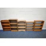FIVE VARIOUS MODERN SMALL OPEN BOOKCASES, tallest bookcase width 58cm x depth 26cm x height 102cm (