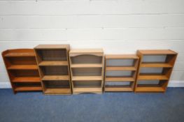 FIVE VARIOUS MODERN SMALL OPEN BOOKCASES, tallest bookcase width 58cm x depth 26cm x height 102cm (