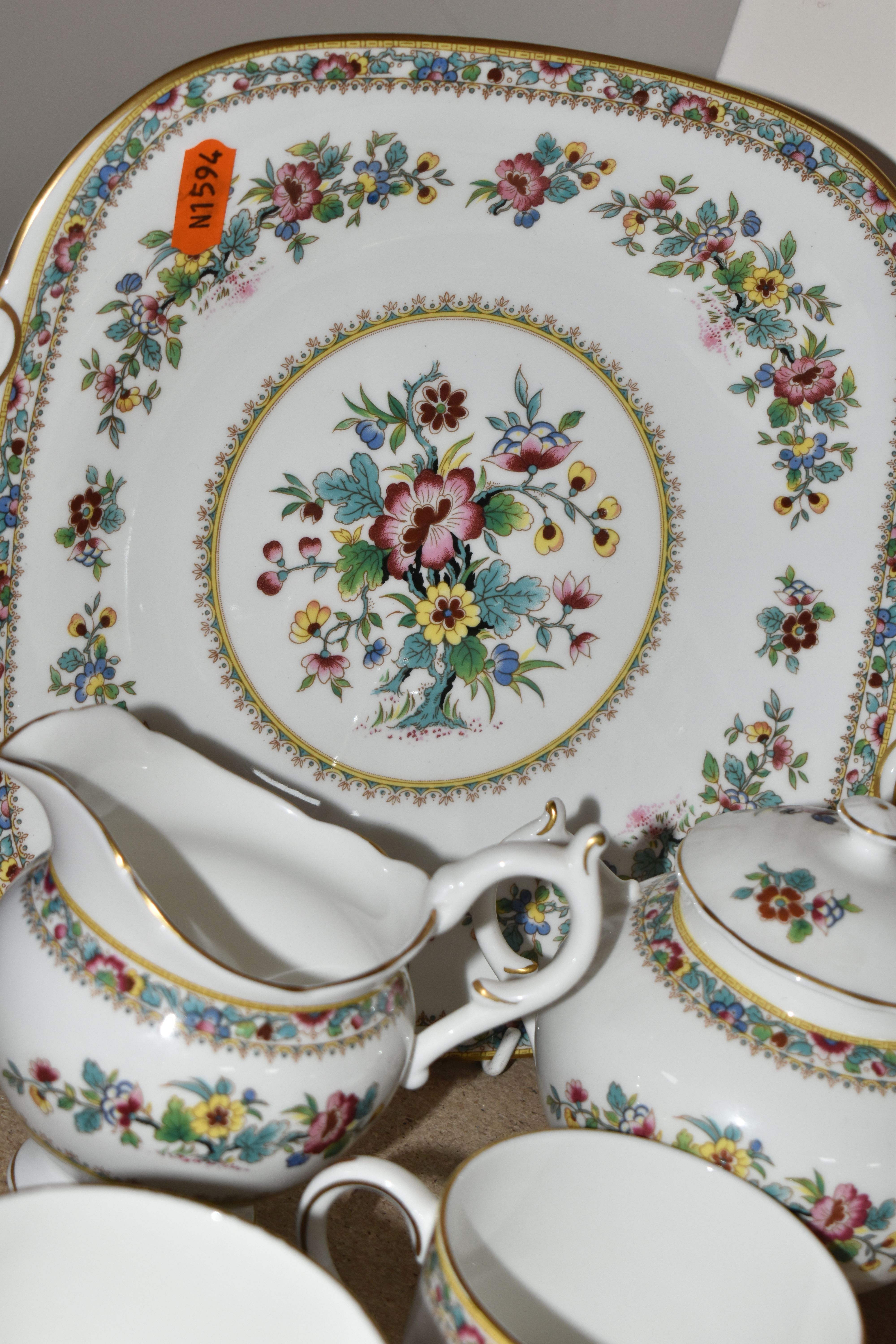 A COALPORT 'MING ROSE' PATTERN TEA SET, comprising teapot, cake plate, covered sugar bowl, footed - Image 5 of 6